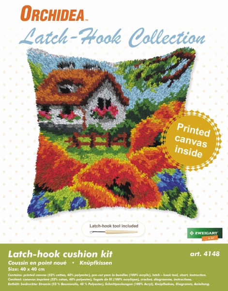Latch Hook Cushion Kit Cottage and Poppies